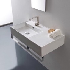 Rectangular Ceramic Wall Mounted Sink With Counter Space, Includes Towel Bar