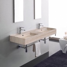 Beige Travertine Design Ceramic Wall Mounted Double Sink With Polished Chrome Towel Holder