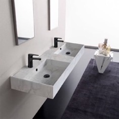 Marble Design Ceramic Wall Mounted or Vessel Double Sink With Counter Space