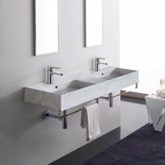 Marble Design Ceramic Wall Mounted Double Sink With Polished Chrome Towel Holder