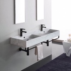 Marble Design Ceramic Wall Mounted Double Sink With Black Towel Bar