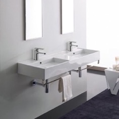Double Ceramic Wall Mounted Sink With Polished Chrome Towel Holder