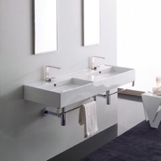 Double Ceramic Wall Mounted Sink With Polished Chrome Towel Holder