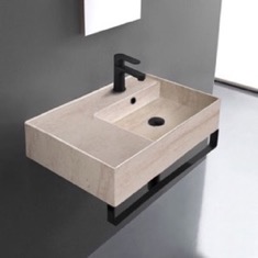 Beige Travertine Design Ceramic Wall Mounted Sink With Black Towel Bar