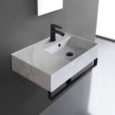 Marble Design Ceramic Wall Mounted Sink With Black Towel Bar
