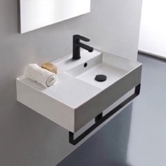 Rectangular Ceramic Wall Mounted Sink, Black Towel Bar Included