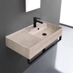 Beige Travertine Design Ceramic Wall Mounted Sink With Black Towel Bar