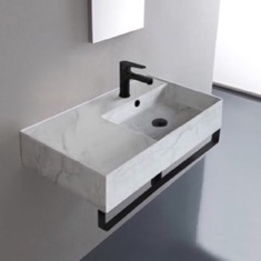 Marble Design Ceramic Wall Mounted Sink With Black Towel Bar