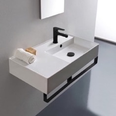 Rectangular Ceramic Wall Mounted Sink With Black Towel Bar