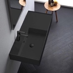 Wall Mount Sink - 40 inch, Rectangular, Modern, With Counter Space, Ceramic, Matte Black