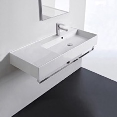Rectangular Ceramic Wall Mounted Sink With Counter Space, Towel Bar Included