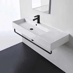 Rectangular Ceramic Wall Mounted Sink, Black Towel Bar Included