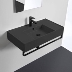 Black Ceramic Wall Mounted Sink With Black Towel Bar