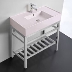 32 inch Console Sink Bathroom Vanity With Metal Chrome Stand - Modern, Pink Ceramic Sink