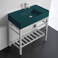 32 inch Console Sink Bathroom Vanity With Metal Chrome Stand - Modern, Green Ceramic Sink
