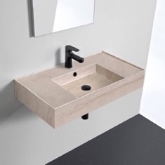 Beige Travertine Design Ceramic Wall Mounted or Vessel Sink With Counter Space