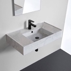 Marble Design Ceramic Wall Mounted or Vessel Sink With Counter Space