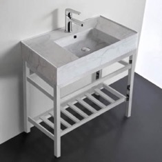 32 inch Console Sink Bathroom Vanity With Metal Chrome Stand - Modern, Marble Ceramic Sink