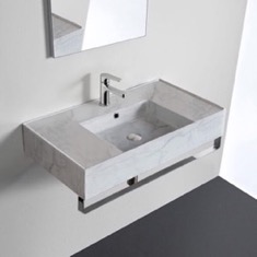 Marble Design Ceramic Wall Mounted Sink With Counter Space, Towel Bar Included