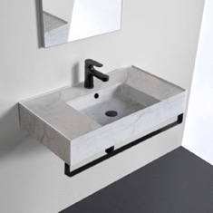 Marble Design Ceramic Wall Mounted Sink With Black Towel Bar