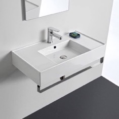 Rectangular Ceramic Wall Mounted Sink With Counter Space, Includes Towel Bar