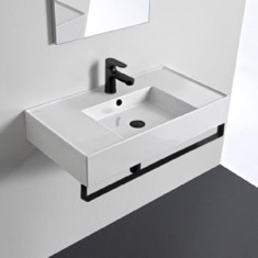 Rectangular Ceramic Wall Mounted Sink With Black Towel Bar