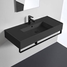 Black Ceramic Wall Mounted Sink With Black Towel Bar