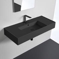 Black Ceramic Wall Mounted or Vessel Sink With Counter Space