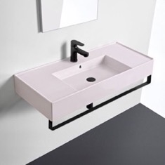 Pink Console Sink With Black Towel Bar, Modern