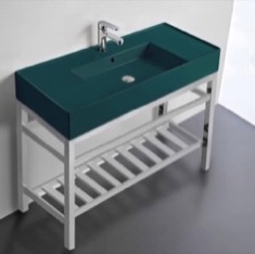 40 inch Console Sink Bathroom Vanity With Metal Chrome Stand - Modern, Green Ceramic Sink