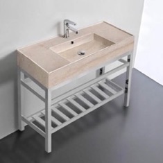 40 inch Console Sink Bathroom Vanity With Metal Chrome Stand - Modern, Travertine Ceramic Sink
