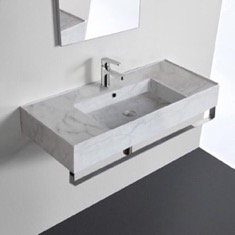 Marble Design Ceramic Wall Mounted Sink With Counter Space, Towel Bar Included