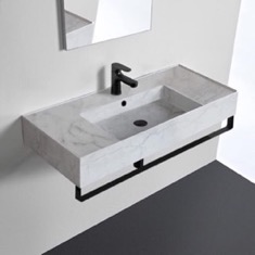 Marble Design Ceramic Wall Mounted Sink With Black Towel Bar