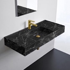 Black Marble Design Ceramic Wall Mounted or Vessel Sink With Counter Space