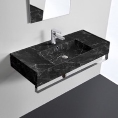Black Marble Design Wall Mounted Sink With Black Towel Bar