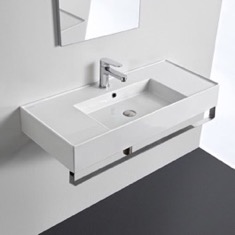 Rectangular Ceramic Wall Mounted Sink With Counter Space, Includes Towel Bar