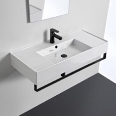 Rectangular Ceramic Wall Mounted Sink With Black Towel Bar