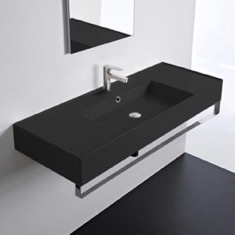 Wall Mounted Black Ceramic Sink With Polished Chrome Towel Bar