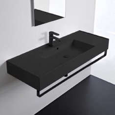 Wall Mounted Black Ceramic Sink With Black Towel Bar