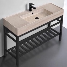48 inch Console Sink Bathroom Vanity With Metal Black Stand - Modern, Travertine Ceramic Sink