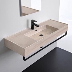 Wall Mounted Beige Travertine Design Ceramic Sink With Black Towel Bar