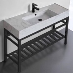 48 inch Console Sink Bathroom Vanity With Metal Black Stand - Modern, Marble Ceramic Sink