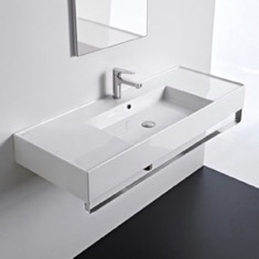 Rectangular Ceramic Wall Mounted Sink With Counter Space, Includes Towel Bar