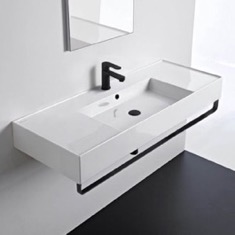 Rectangular Ceramic Wall Mounted Sink With Black Towel Bar