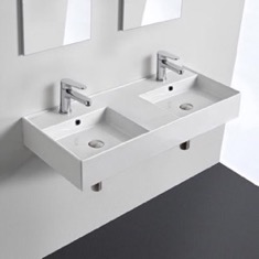 Double Rectangular Ceramic Wall Mounted or Vessel Sink With Counter Space