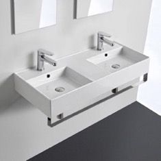 Double Ceramic Wall Mounted Sink With Polished Chrome Towel Holder
