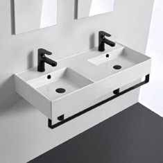 Double Ceramic Wall Mounted Sink With Black Towel Holder