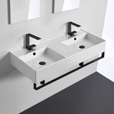 Double Ceramic Wall Mounted Sink With Black Towel Holder