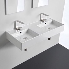 Double Rectangular Ceramic Wall Mounted or Vessel Sink With Counter Space