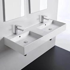 Double Rectangular Ceramic Wall Mounted or Vessel Sink With Counter Space